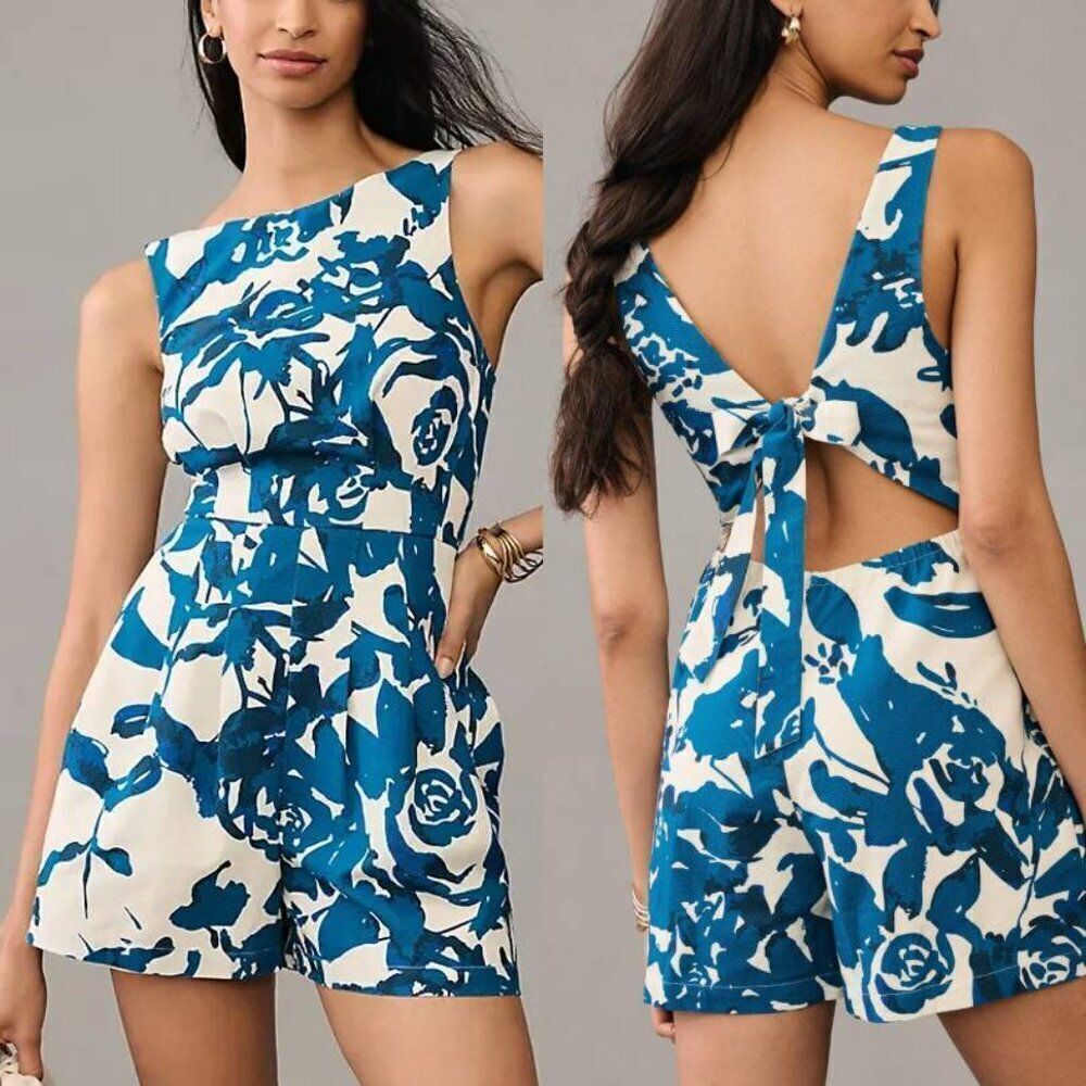🆕 Anthropologie x Tracy Reese Back Tie Tailored Romper in Blue Floral Motif